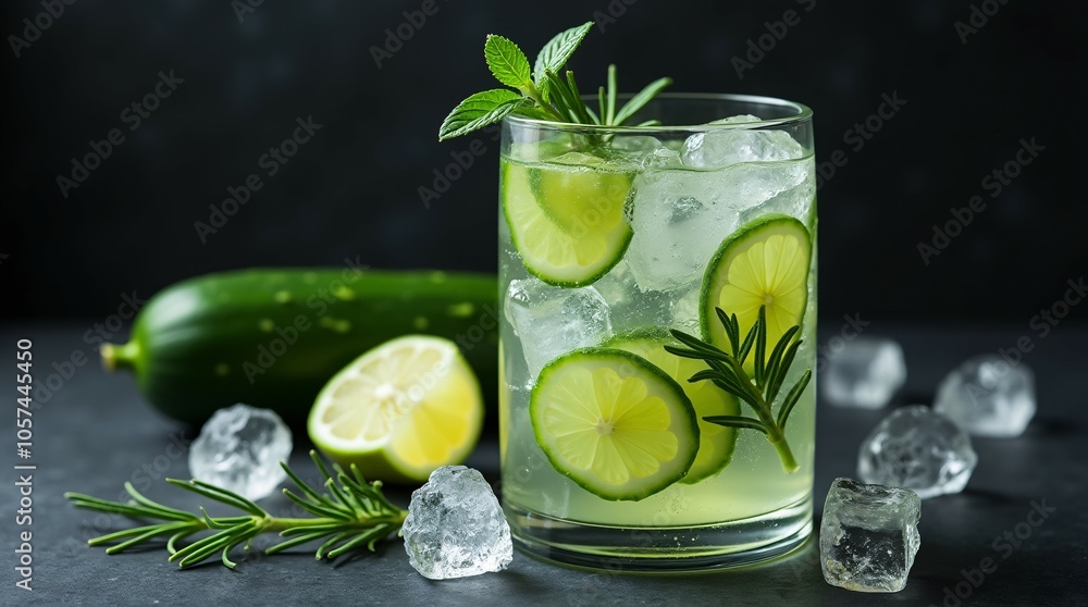 Fototapeta premium Cucumber Lemonade with Lemon and Rosemary.