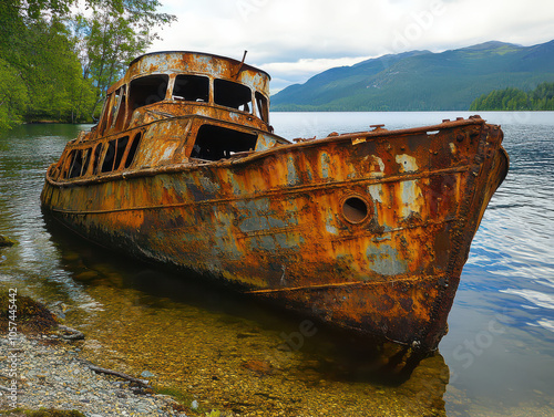 Rusty shipwreck on a serene lake shore surrounded by lush forests and mountains.