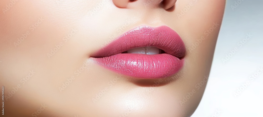 Obraz premium Close-Up of a Womans Pink Lips, Perfect Makeup, and Flawless Skin for Beauty and Cosmetics