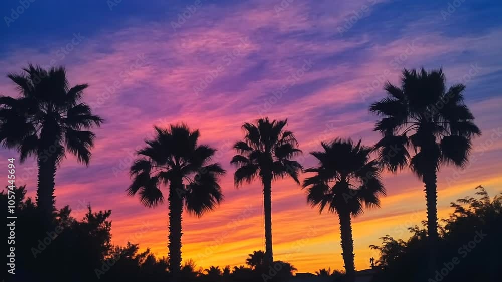 A vibrant sunset sky with silhouetted palm trees in the foreground.