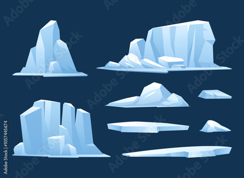 Frozen iceberg set. Vector icon collection of ice floes, glaciers, iceberg pieces floating in ocean, winter ice peak. Global warming, climate change. North sea or arctic ocean. Antarctic rock panorama