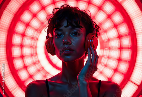 Girl with short hair and red headphones on red and white background photo