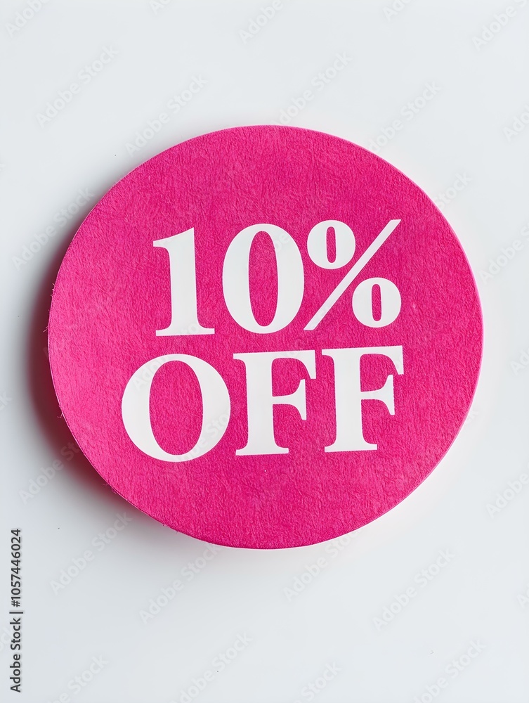 White '10% OFF' Text on a Hot Pink Round Paper Note. White Background White '10% OFF' Text on a Hot Pink Round Paper Note. White Background