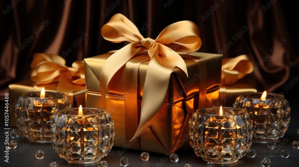 A luxuriously wrapped gift box adorned with a golden bow sits amongst sparkling candles, creating a festive and celebratory ambiance. A luxuriously wrapped gift box adorned with a golden bow sits amongst sparkling candles, creating a festive and celebratory ambiance.