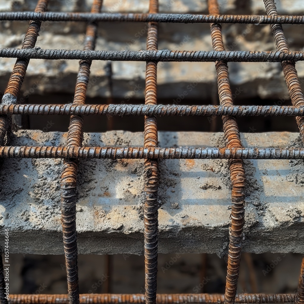Close-up of rusty steel reinforcement bars on a concrete slab, showcasing texture and strength. Close-up of rusty steel reinforcement bars on a concrete slab, showcasing texture and strength.