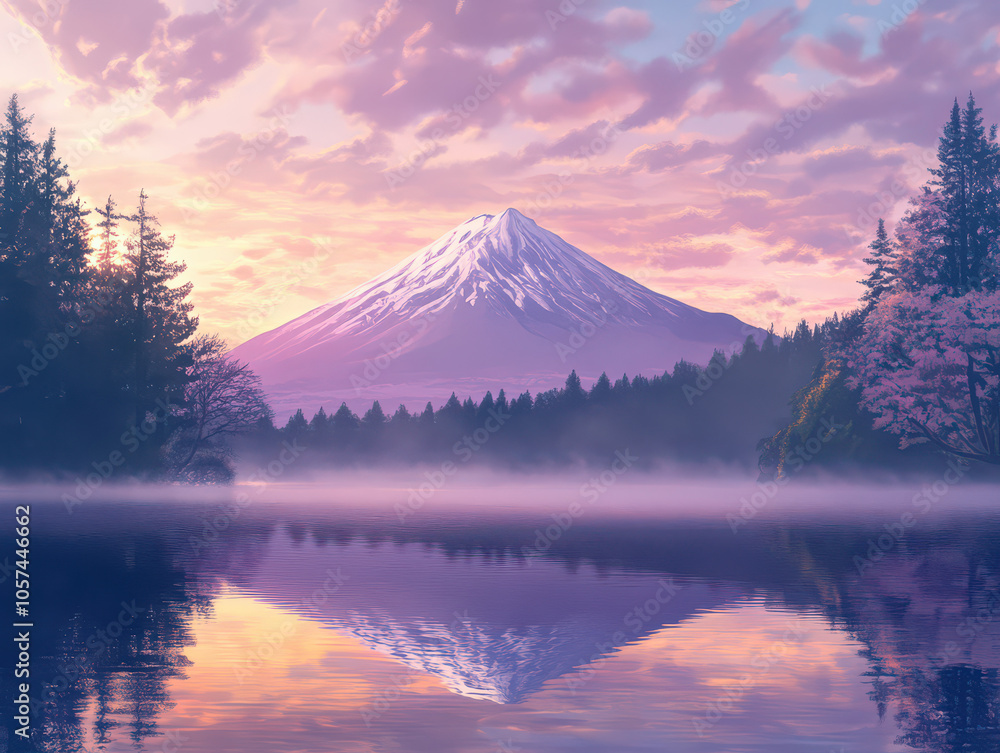Serene sunrise over a misty lake with a majestic mountain in the background and cherry blossoms in the foreground. Serene sunrise over a misty lake with a majestic mountain in the background and cherry blossoms in the foreground.