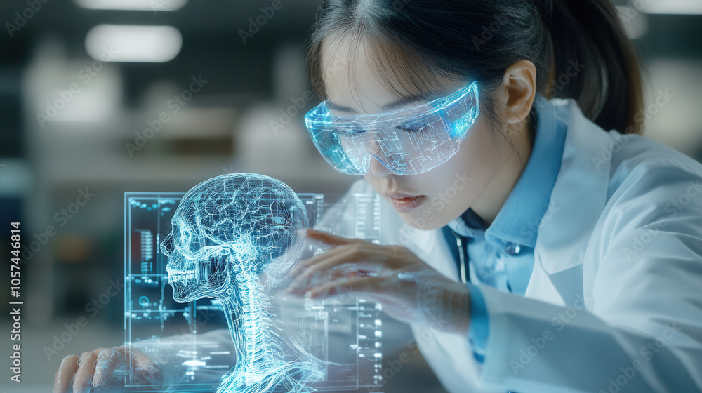 Innovative doctor examining holographic human skeleton model in lab. advanced technology showcases her expertise in medical science and research Innovative doctor examining holographic human skeleton model in lab. advanced technology showcases her expertise in medical science and research