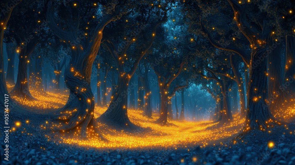 Fototapeta premium Enchanting Forest at Night Illuminated by Thousands of Glowing Fireflies in a Magical Woodland Setting
