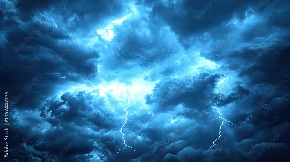 Fototapeta premium Dynamic weather activity captures striking phenomena, including dramatic lightning bolts amidst towering cumulus clouds, perfect for illustrating the power of nature with ample copy space.