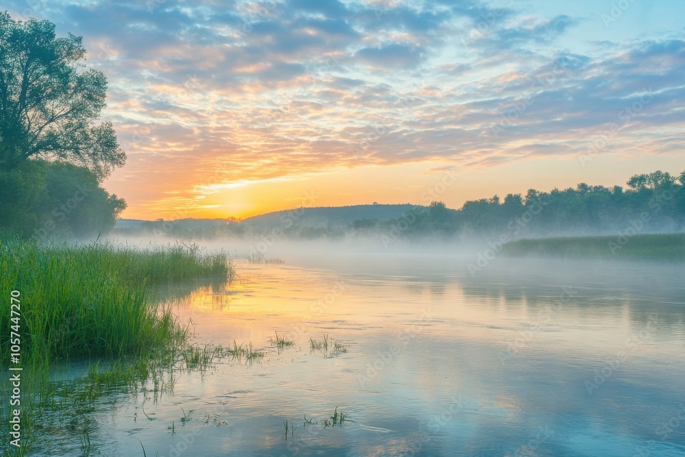 Fototapeta premium Morning river view under a dawn sky in summer