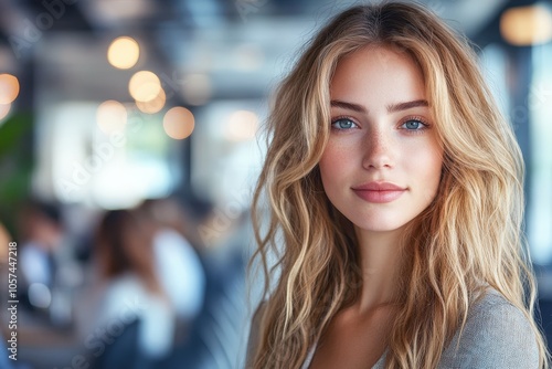 Confident Gaze: A captivating portrait of a young woman with long blonde hair and piercing blue eyes, exuding confidence and a sense of self-assurance.