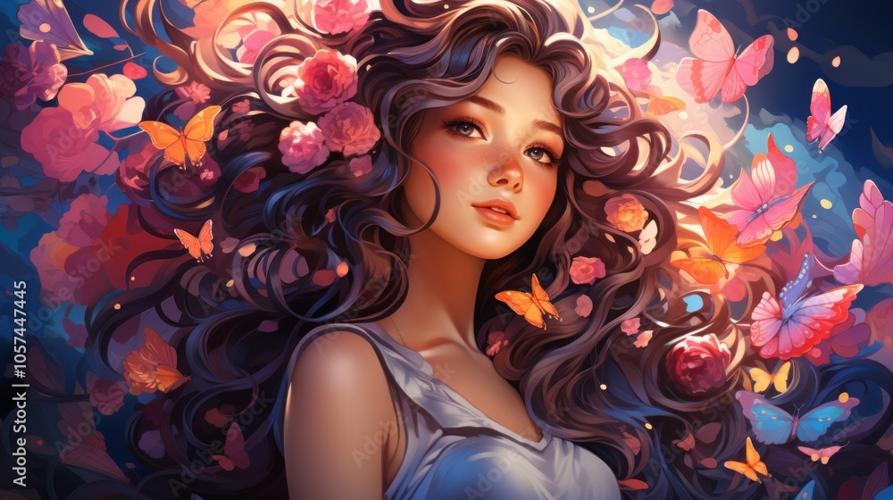 A serene portrait of a woman surrounded by flowers and butterflies, evoking beauty and tranquility. A serene portrait of a woman surrounded by flowers and butterflies, evoking beauty and tranquility.