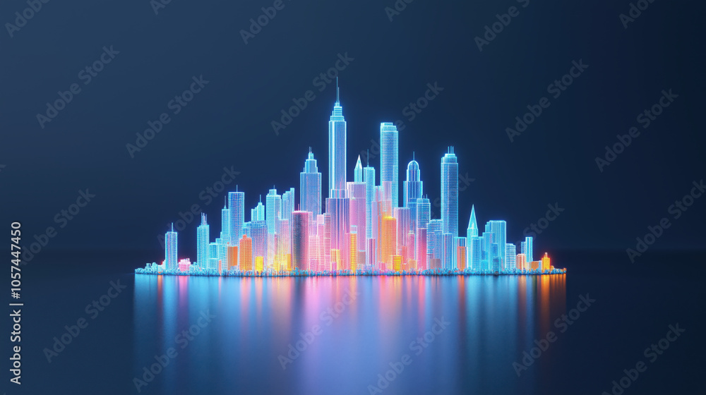 vibrant 3D city skyline glowing with neon colors and reflections. Cost of Living vibrant 3D city skyline glowing with neon colors and reflections. Cost of Living