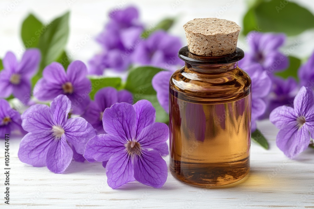 floral product photography, a bottle of violet floral oil seen against a white backdrop, surrounded by soft-focused delicate flowers floral product photography, a bottle of violet floral oil seen against a white backdrop, surrounded by soft-focused delicate flowers