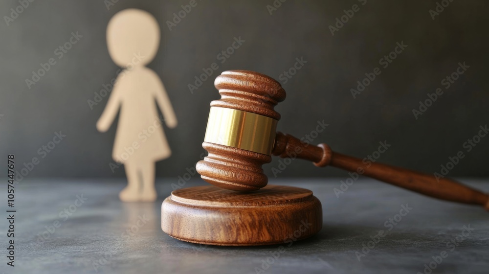 Close-up of judge's gavel with distant child, legal fights generative ai Close-up of judge's gavel with distant child, legal fights generative ai