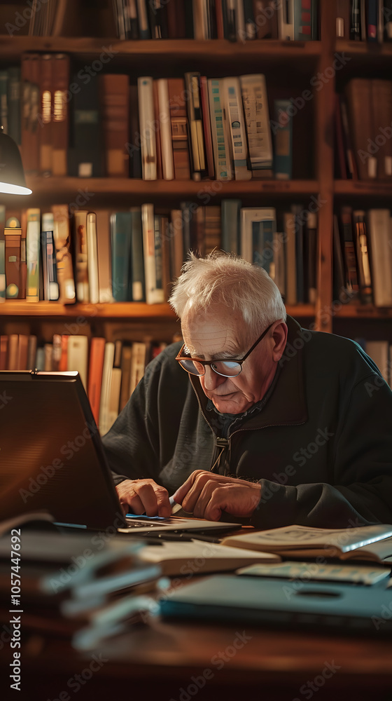 Älterer Mann in einer Bibliothek am Laptop Älterer Mann in einer Bibliothek am Laptop