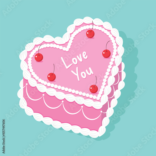 Heart shaped cake. Pink vintage cake. Retro trendy style food. Vector illustration. 