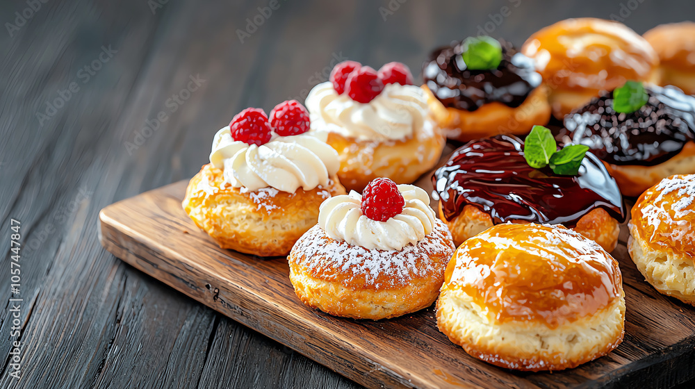 Indulge in delicious scones topped with irresistible glazes on a rustic wooden board for your next gathering Indulge in delicious scones topped with irresistible glazes on a rustic wooden board for your next gathering