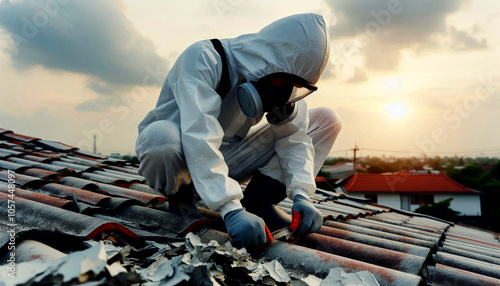 An asbestos removal specialist carefully removes hazardous materials from an old building