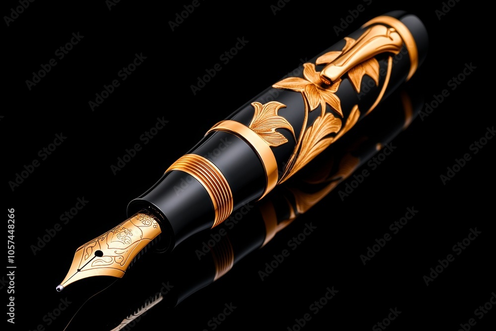 Fototapeta premium Close-up of a high-end fountain pen with fine nib and elegant details, capturing the artistry in quality writing instruments, symbolizing luxury and detail