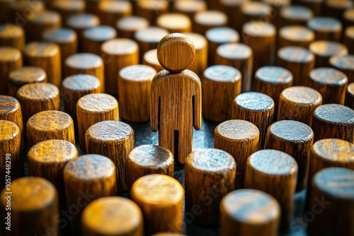 Standing Out From the Crowd: A single wooden figure stands tall amidst a sea of identical wooden cylinders, symbolizing individuality, leadership, and the power of standing apart. photo