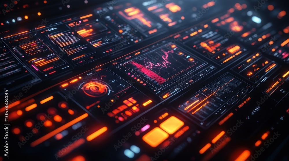 A futuristic digital interface displaying data analytics and visualizations. A futuristic digital interface displaying data analytics and visualizations.