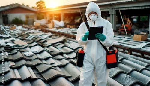 A person in full protective gear is using a tablet to inspect asbestos on a rooftop as the sun sets, highlighting the importance of safety and environmental health in hazardous material management. 