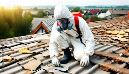 A professional in protective gear inspects roof tiles for asbestos, focusing on asbestos removal in residential areas – Generative AI