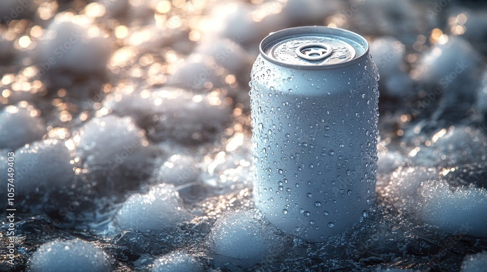 A condensation-covered can resting on a surface with bubbles, suggesting refreshment. A condensation-covered can resting on a surface with bubbles, suggesting refreshment.