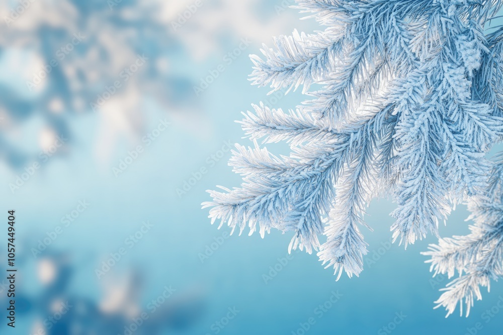 Winter background. Frozen branch of cedar on a blue background Winter background. Frozen branch of cedar on a blue background