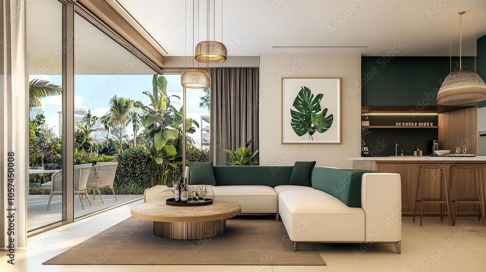 Modern Open Plan Tropical Villa Interior Design With Large Terrace, Sofa, Kitchen, Biophilic Design Modern Open Plan Tropical Villa Interior Design With Large Terrace, Sofa, Kitchen, Biophilic Design