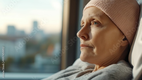 Cancer patient sitting in a chemotherapy chair, looking out the window with a hopeful expression photo