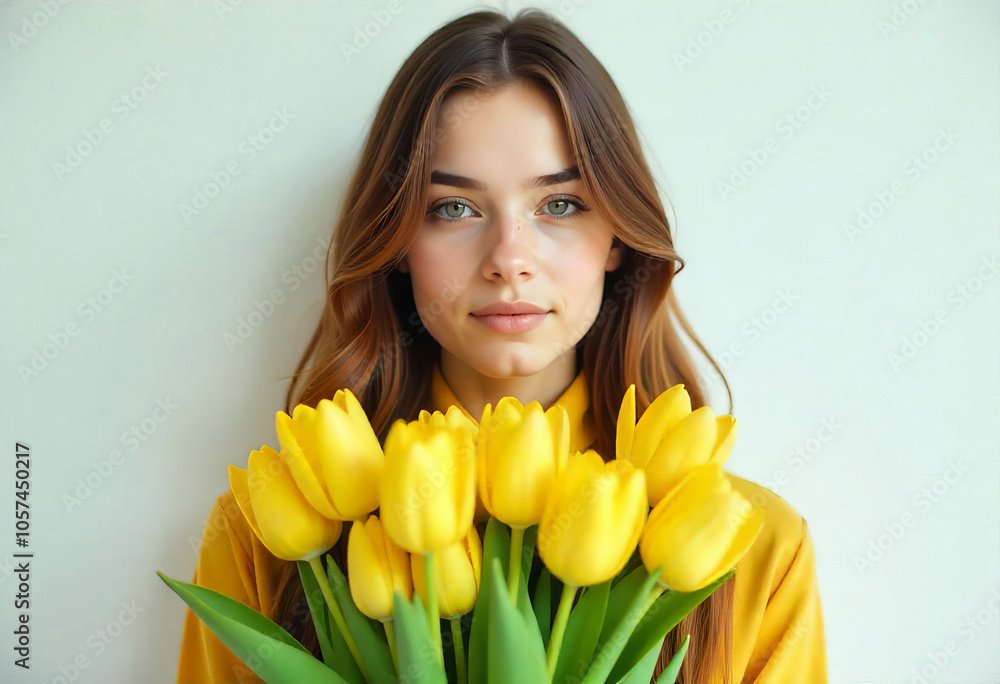 Portrait of a young girl with a bouquet of yellow tulips Portrait of a young girl with a bouquet of yellow tulips
