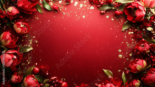 red roses with gold glitter on red background romantic holiday decoration