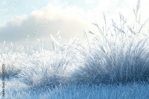 Winter background morning frost on the grass with copy space