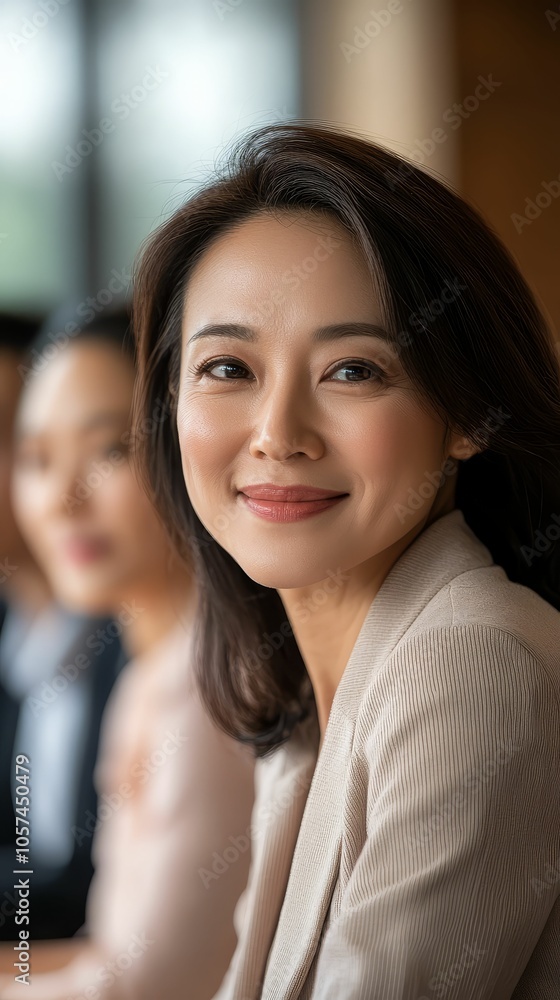 A close-up of an Asian businesswoman smiling while leading a meeting, with her team paying close attention in a modern conference room A close-up of an Asian businesswoman smiling while leading a meeting, with her team paying close attention in a modern conference room
