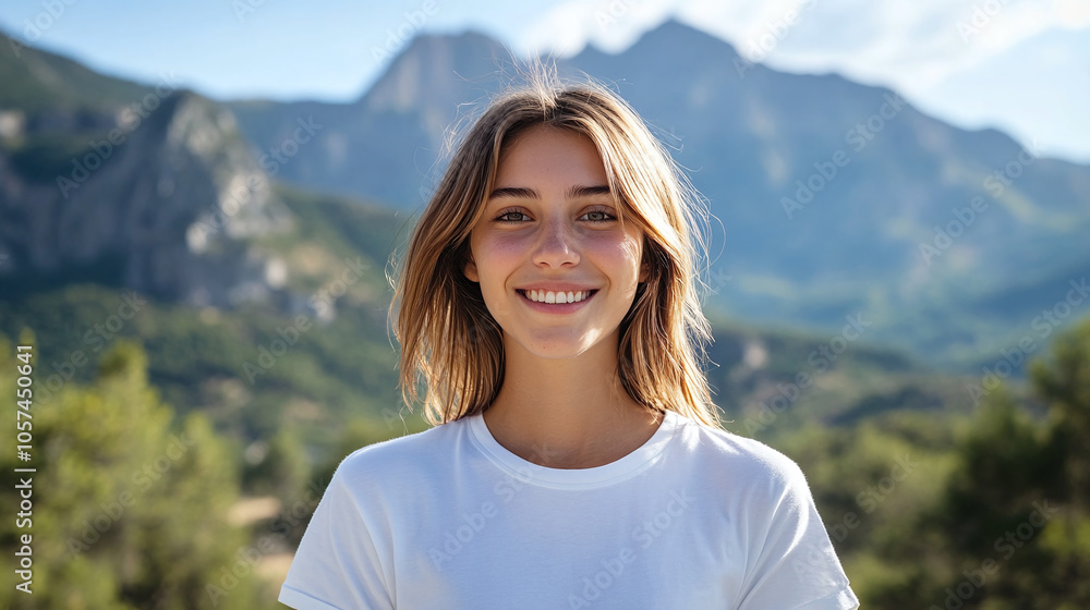 Portrait of smiling young woman in white t-shirt mockup in mountains Portrait of smiling young woman in white t-shirt mockup in mountains