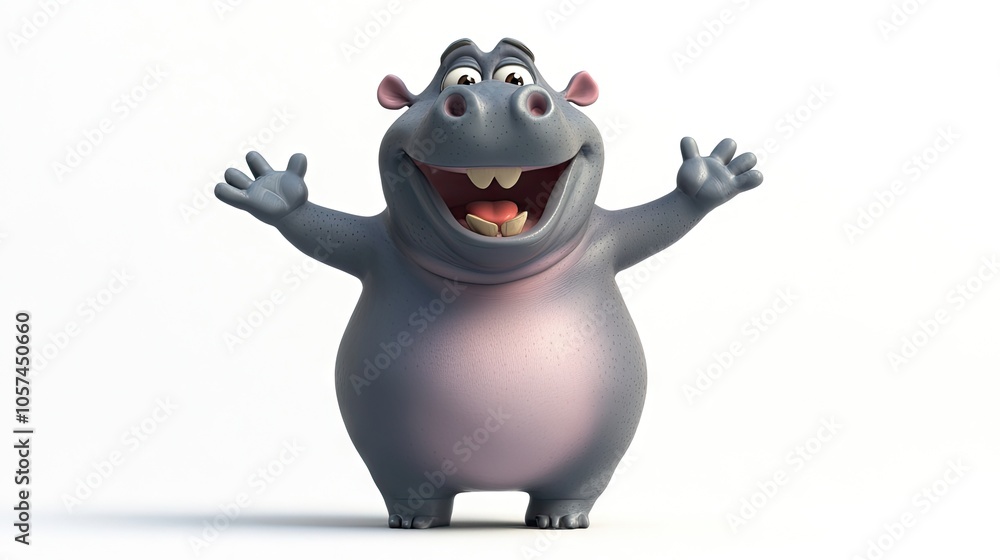 Adorable cartoon hippo raising its arms in excitement, showcasing joy and playfulness on a white background. Adorable cartoon hippo raising its arms in excitement, showcasing joy and playfulness on a white background.