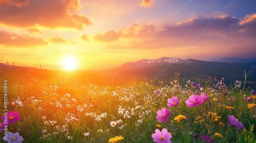 A vibrant sunset over a flower-filled meadow, showcasing nature's beauty and tranquility. A vibrant sunset over a flower-filled meadow, showcasing nature's beauty and tranquility.