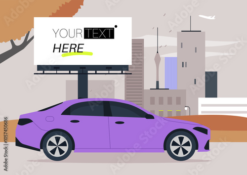A striking purple car parks beside a colorful autumn-themed billboard in an urban landscape, catching the attention of pedestrians with its seasonal charm and lively city energy