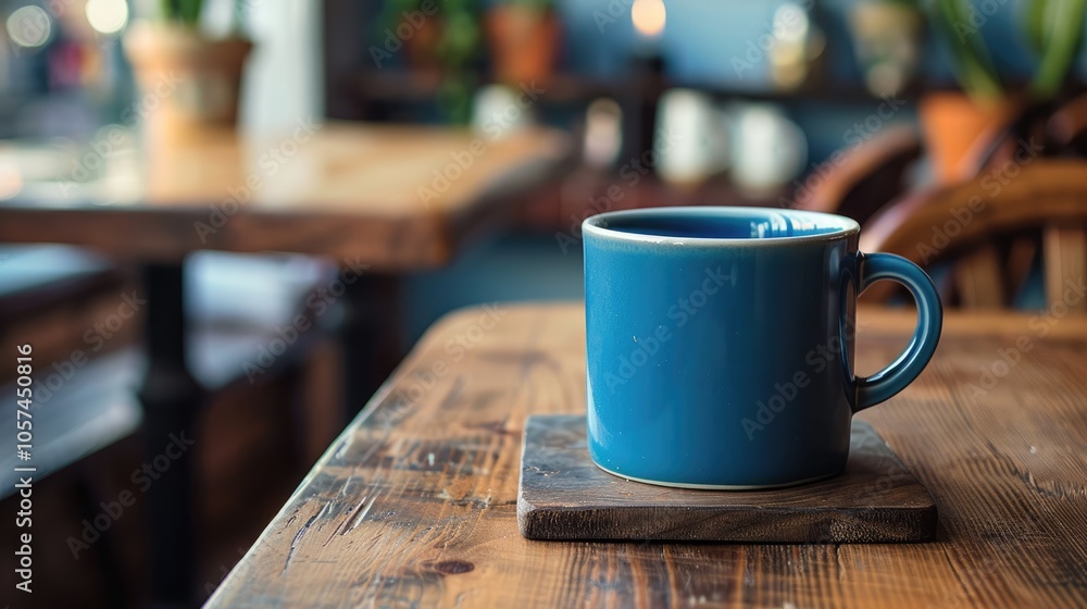 Fototapeta premium Blue mug on wooden cafe setting.