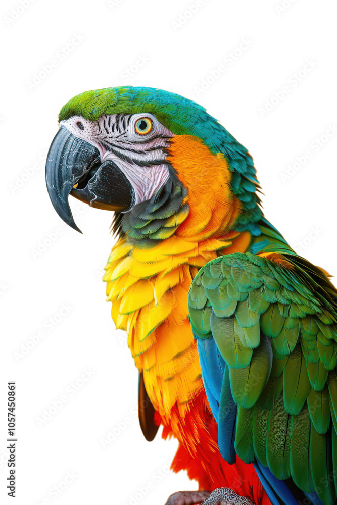 Colorful Green Parrot Perched on Grey Background Colorful Green Parrot Perched on Grey Background