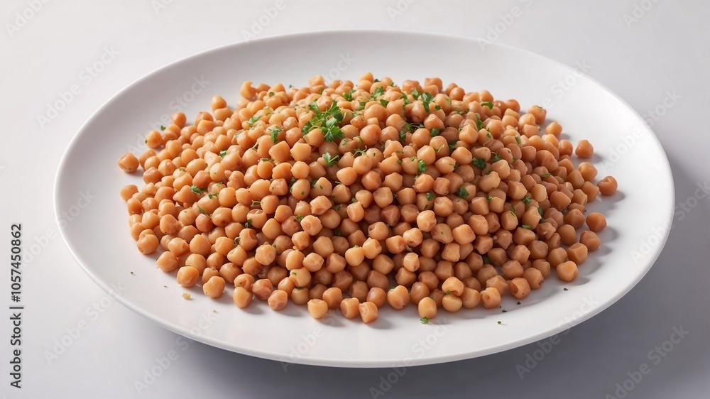 Cooked chickpeas with garnish on white plate Cooked chickpeas with garnish on white plate