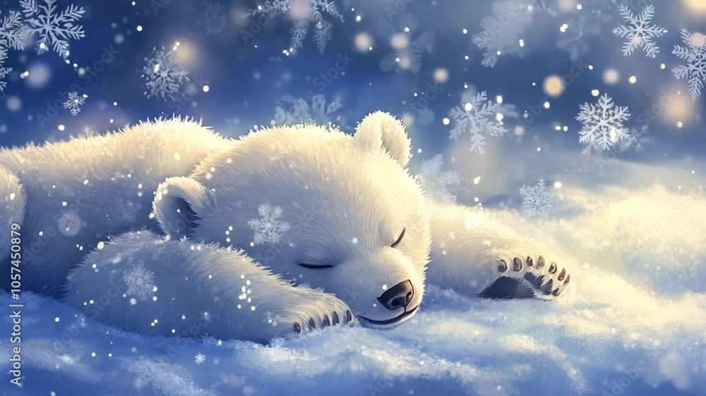 Adorable polar bear cub sleeping in the snow, surrounded by snowflakes. Adorable polar bear cub sleeping in the snow, surrounded by snowflakes.