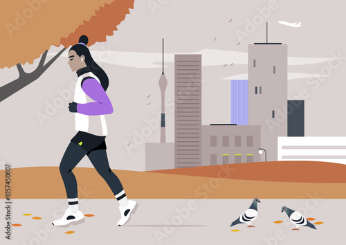 In a stunning autumn setting, a determined runner moves swiftly along a city path, surrounded by colorful trees and the gentle presence of pigeons, capturing the essence of the season