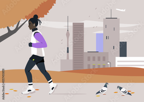 In a stunning autumn setting, a determined runner moves swiftly along a city path, surrounded by colorful trees and the gentle presence of pigeons, capturing the essence of the season