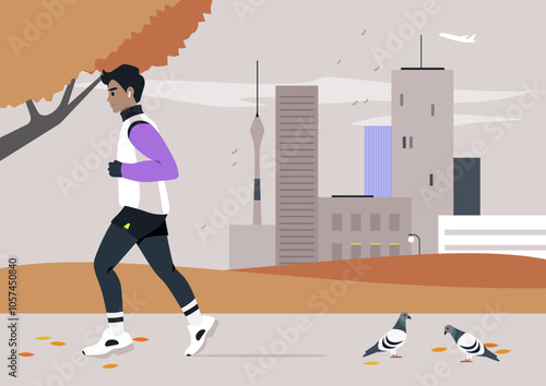 In a stunning autumn setting, a determined runner moves swiftly along a city path, surrounded by colorful trees and the gentle presence of pigeons, capturing the essence of the season