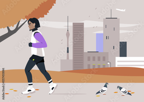 In a stunning autumn setting, a determined runner moves swiftly along a city path, surrounded by colorful trees and the gentle presence of pigeons, capturing the essence of the season