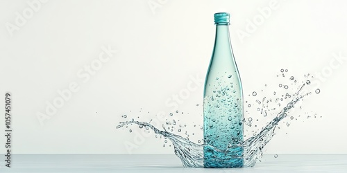 A water bottle featuring bubbles and droplets is set against a plain white backdrop, showcasing the vibrant details of both the bottle and the water features.