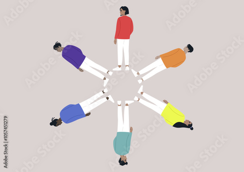 A circle of six individuals dressed in various vibrant colors stands in unique poses, symbolizing unity and diversity in a contemporary artistic interpretation